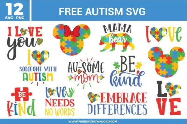 A set of 12 free svg files for autism awareness featuring puzzle piece patterns inside mouse head silhouettes, hearts, and bear shapes. The designs utilize a primary color palette of red, blue, yellow, and green with text like "Be Kind" and "Love Needs No Words." These high-quality free svg files are perfect for creating neurodiversity advocacy shirts, awareness-themed tote bags, and personalized gifts for teachers and caregivers.