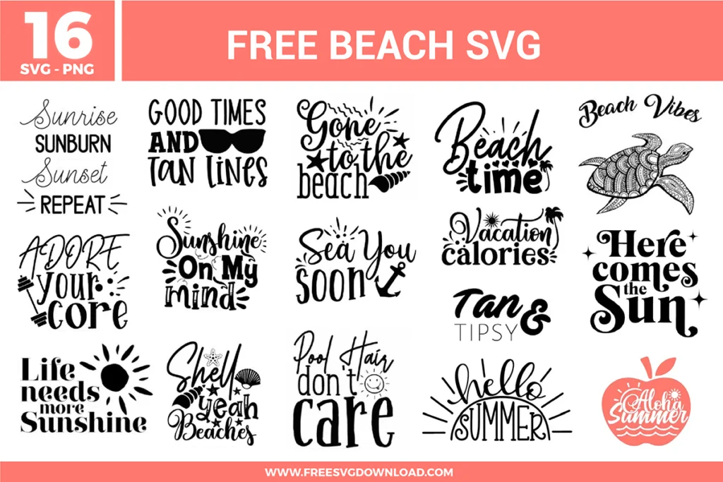 16 coastal typography designs from the Beach SVG bundle with palm trees and shells, offered as free svg files for vacation DIYs.