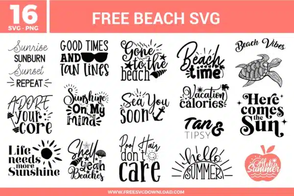 16 coastal typography designs from the Beach SVG bundle with palm trees and shells, offered as free svg files for vacation DIYs.
