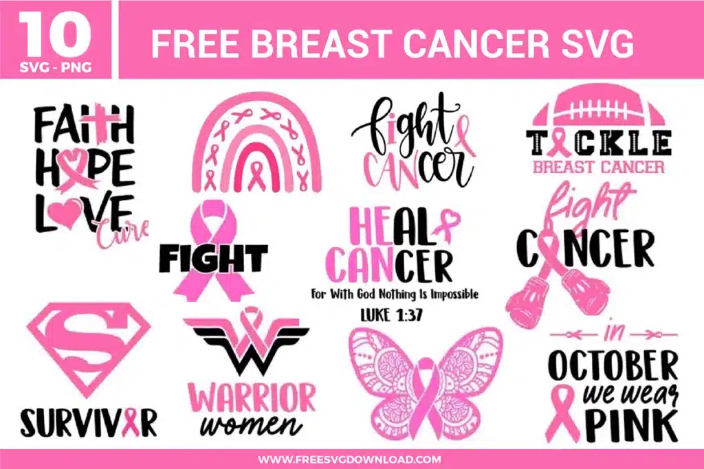 A bundle of 16 free svg files featuring awareness ribbons with angel wings, boxing gloves, and butterflies. The designs utilize a diverse color palette of pink, teal, purple, and gold, incorporating illustrative elements such as floral patterns and "Warrior" typography. These high-quality free svg files are perfect for creating cancer awareness apparel, survivor gifts, and fundraising event merchandise.