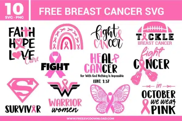 A bundle of 16 free svg files featuring awareness ribbons with angel wings, boxing gloves, and butterflies. The designs utilize a diverse color palette of pink, teal, purple, and gold, incorporating illustrative elements such as floral patterns and "Warrior" typography. These high-quality free svg files are perfect for creating cancer awareness apparel, survivor gifts, and fundraising event merchandise.