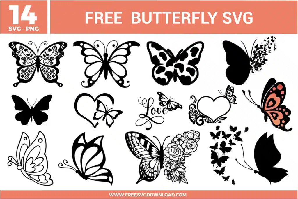 A bundle of 14 free svg files for butterfly designs featuring diverse silhouettes and artistic wing patterns. The collection includes a floral butterfly with intricate rose wings, a cow-print patterned butterfly, a monarch style, and several butterflies integrated with heart shapes and script "Love" typography. The designs use a primarily black and white color scheme with one salmon-pink accent, showcasing styles ranging from realistic sketches to fluttering swarms of small butterflies for high-quality free svg files.
