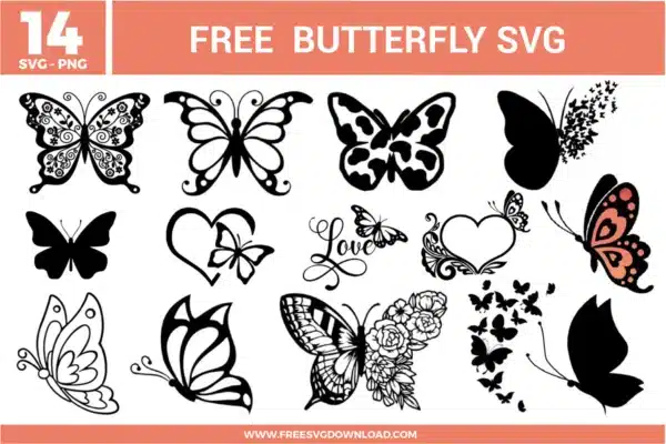 A bundle of 14 free svg files for butterfly designs featuring diverse silhouettes and artistic wing patterns. The collection includes a floral butterfly with intricate rose wings, a cow-print patterned butterfly, a monarch style, and several butterflies integrated with heart shapes and script "Love" typography. The designs use a primarily black and white color scheme with one salmon-pink accent, showcasing styles ranging from realistic sketches to fluttering swarms of small butterflies for high-quality free svg files.