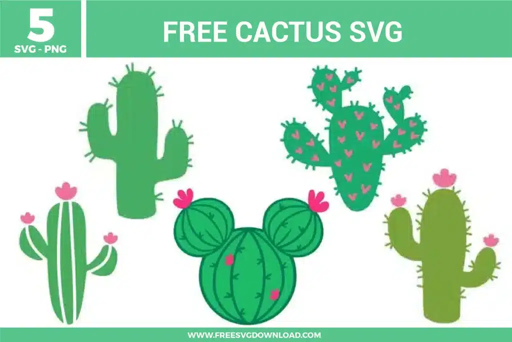 5 free svg files with cute cactus designs, including a saguaro silhouette, a prickly pear with hearts, and a "Mickey" shaped cactus with pink flowers, ideal for desert-themed decor.