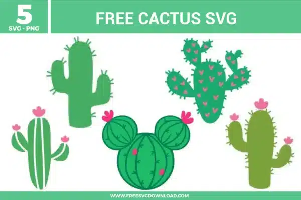 5 free svg files with cute cactus designs, including a saguaro silhouette, a prickly pear with hearts, and a "Mickey" shaped cactus with pink flowers, ideal for desert-themed decor.