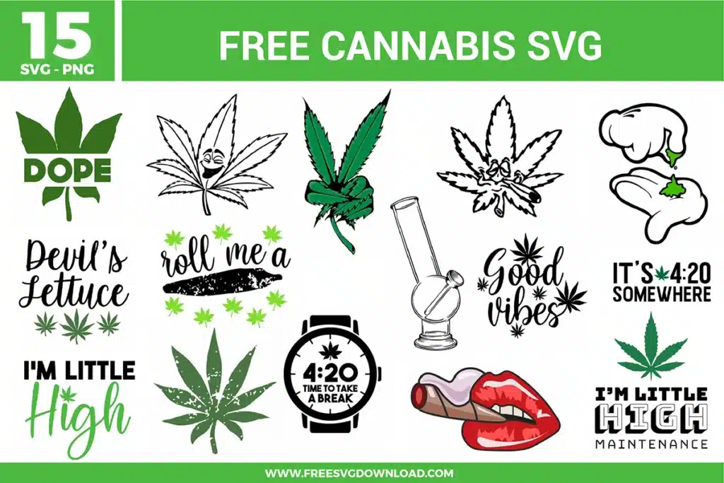 Cannabis SVG bundle preview showing fifteen cannabis-themed designs with leaf graphics, 4:20 text, Good Vibes lettering, Devil’s Lettuce quote, rolling paper artwork, bong graphic, lips design, and green black typography for Cricut and Silhouette.