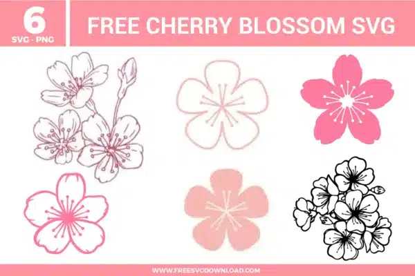 Cherry blossom SVG bundle featuring sakura flower designs in pink tones, line art blossoms, and floral branch illustrations for crafting and cutting projects