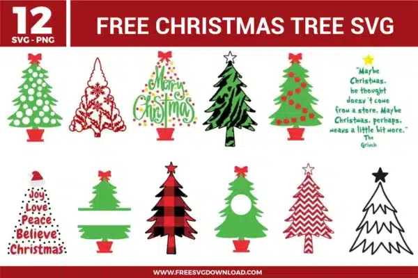 12 free svg files featuring diverse Christmas tree designs, including red and black buffalo plaid, a Grinch quote tree, leopard print patterns, snowflake-filled silhouettes, and split-frame monograms in festive green, red, and white styles for holiday Cricut projects.