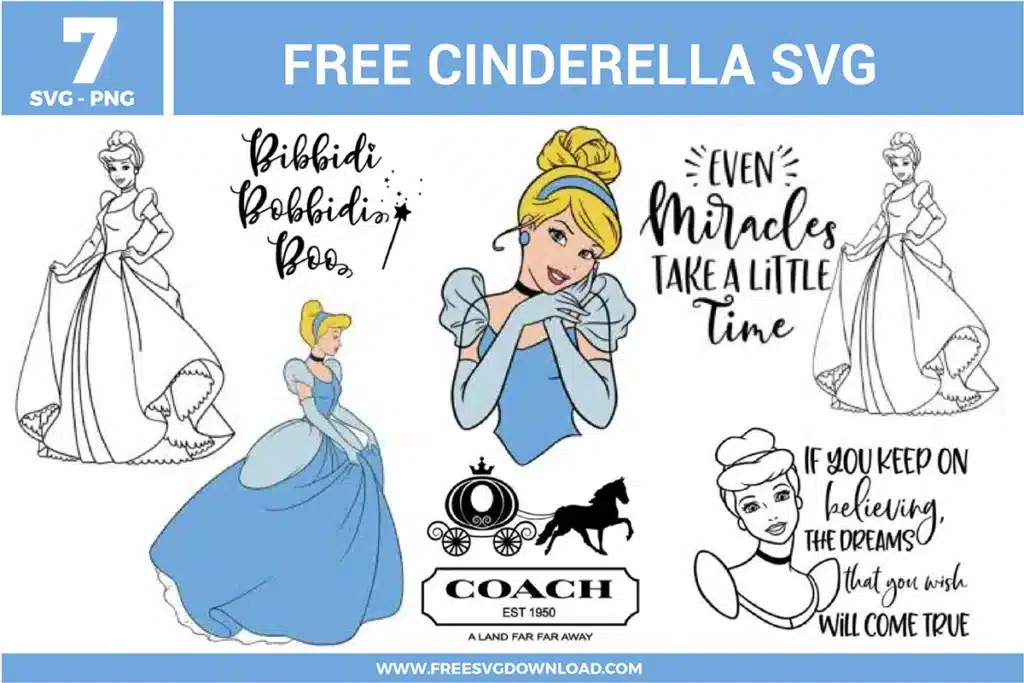 Free Cinderella SVG designs showing Cinderella in elegant ball gown poses with fairy tale quotes, carriage elements, and classic princess outlines.