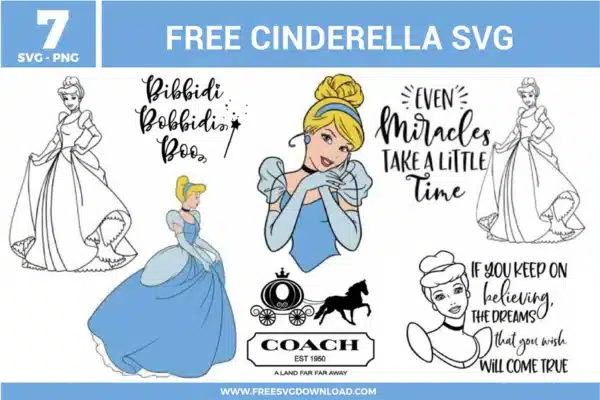 Free Cinderella SVG designs showing Cinderella in elegant ball gown poses with fairy tale quotes, carriage elements, and classic princess outlines.