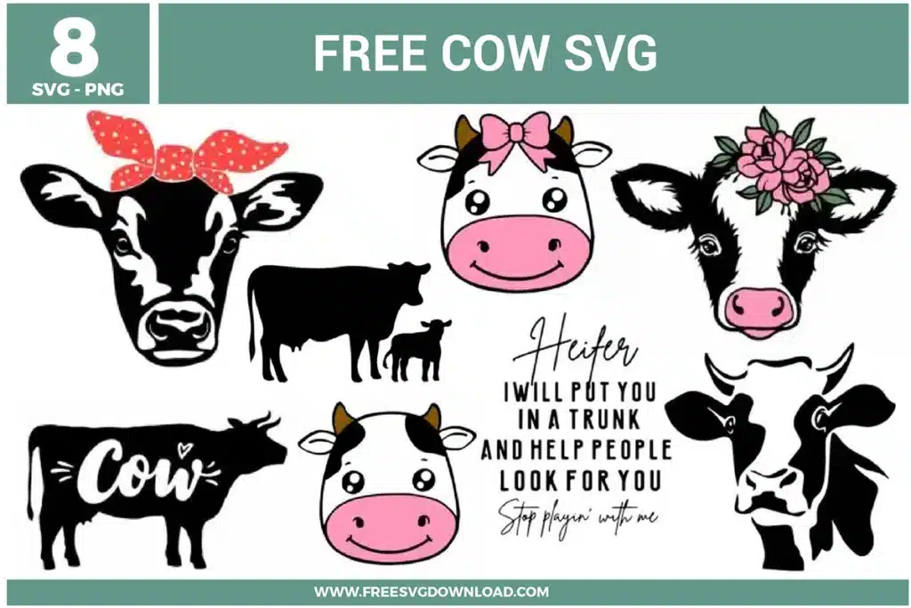 A bundle of 8 free svg files for farmhouse and heifer-themed designs featuring various cow illustrations and humorous quotes. The collection includes a detailed cow face with a red polka-dot headband, two cute cartoon heifer faces with pink bows, a floral-crowned cow, a mother and calf silhouette, a cow silhouette with "Cow" script, a sassy "Heifer I Will Put You In A Trunk" text design, and a realistic black and white bull head. These designs use a mix of pink, red, and black colors with diverse artistic styles ranging from minimalist silhouettes to detailed line art, providing high-quality free svg files for rustic apparel.