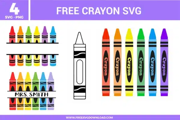 A diverse collection of free svg files featuring crayons in a vibrant rainbow palette. This bundle includes split monogram frames for teacher names, a vertical row of multi-colored crayons with text labels, and a clean black and white outline version ideal for printable coloring activities and classroom organization.