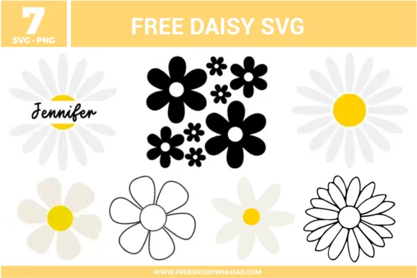 Daisy SVG bundle featuring daisy flower designs with simple shapes, line art outlines, monogram style name design, and classic floral elements for crafting projects