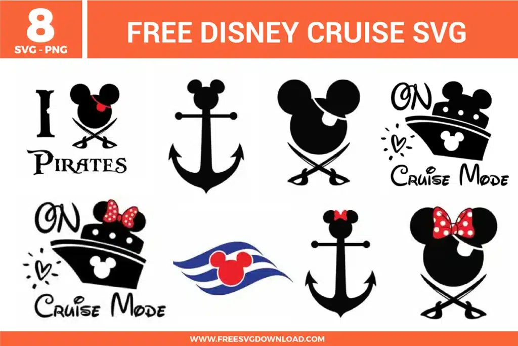 Free Disney Cruise SVG designs featuring Mickey mouse nautical silhouettes, cruise ship icons, anchors, pirate themed graphics, and cruise mode text elements