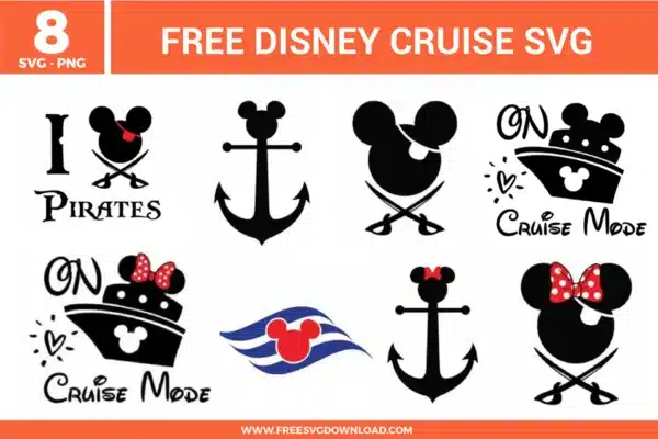 Free Disney Cruise SVG designs featuring Mickey mouse nautical silhouettes, cruise ship icons, anchors, pirate themed graphics, and cruise mode text elements