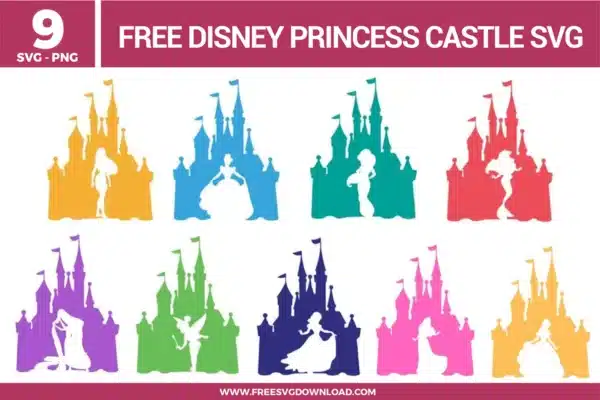 Free Disney Princess castle SVG designs showing colorful castle silhouettes with princess figures in elegant poses