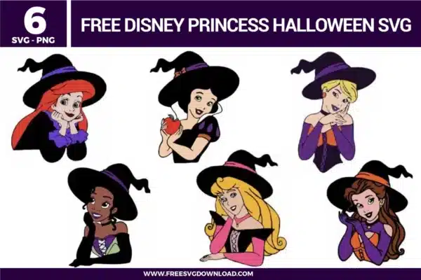 Free Disney Princess Halloween SVG designs showing princess characters wearing witch hats with Halloween themed outfits and expressions