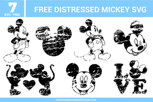 Distressed Mickey Mouse SVG designs showing vintage-style Mickey silhouettes, heads, and text elements with worn, grunge texture effects