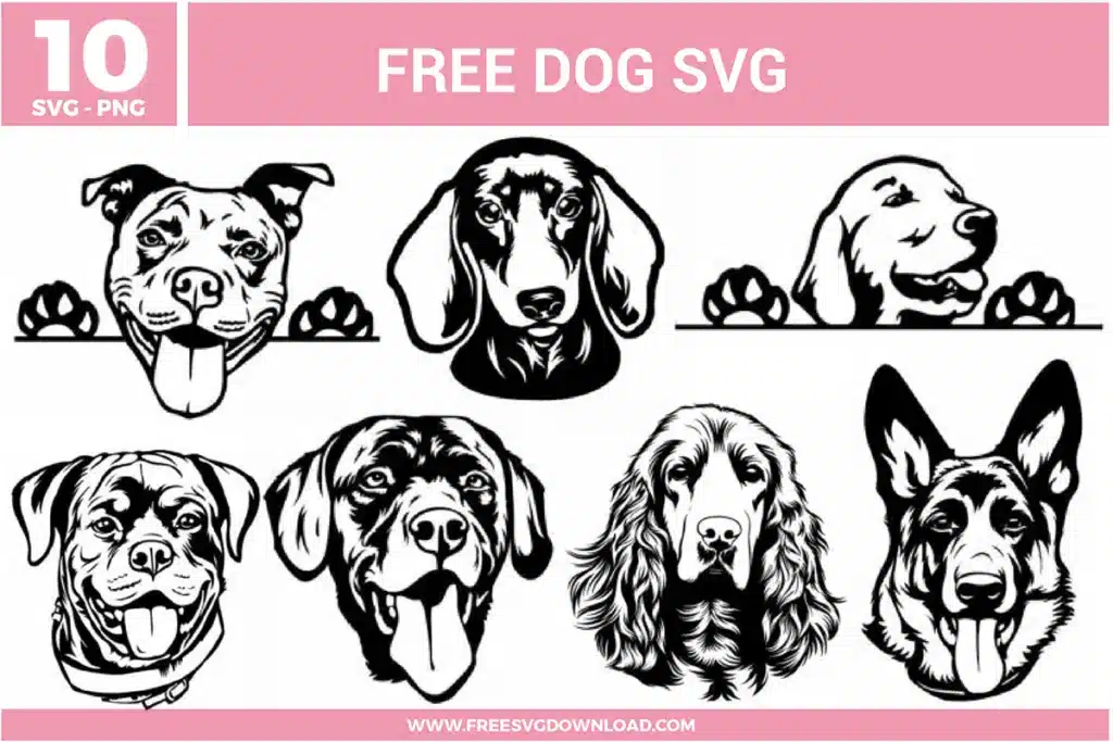 A bundle of 10 free svg files for dog lover designs featuring various popular breeds like the German Shepherd, Golden Retriever, Pitbull, Dachshund, and Rottweiler. The designs use a detailed black and white illustrative style with several "peeking" dog layouts that include paws resting on a horizontal line. These high-quality free svg files showcase realistic facial features and expressive eyes, perfect for pet-themed crafting and personalized gifts.