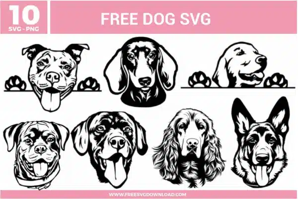A bundle of 10 free svg files for dog lover designs featuring various popular breeds like the German Shepherd, Golden Retriever, Pitbull, Dachshund, and Rottweiler. The designs use a detailed black and white illustrative style with several "peeking" dog layouts that include paws resting on a horizontal line. These high-quality free svg files showcase realistic facial features and expressive eyes, perfect for pet-themed crafting and personalized gifts.