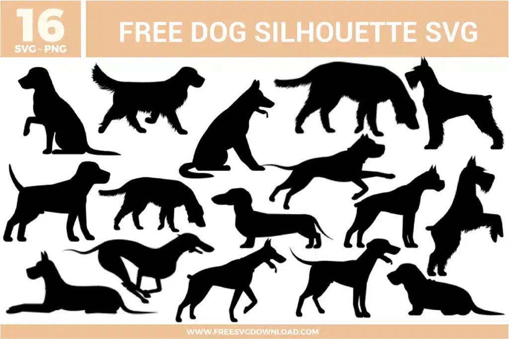 A bundle of 16 free svg files for dog silhouette designs featuring a diverse collection of breeds in various poses like sitting, running, pointing, and standing. The designs are solid black silhouettes including a Dachshund, German Shepherd, Greyhound, and Schnauzer among others. These high-quality free svg files offer clean, sharp outlines with no internal detail, making them ideal for minimalist vinyl cutting and wood-burning projects.