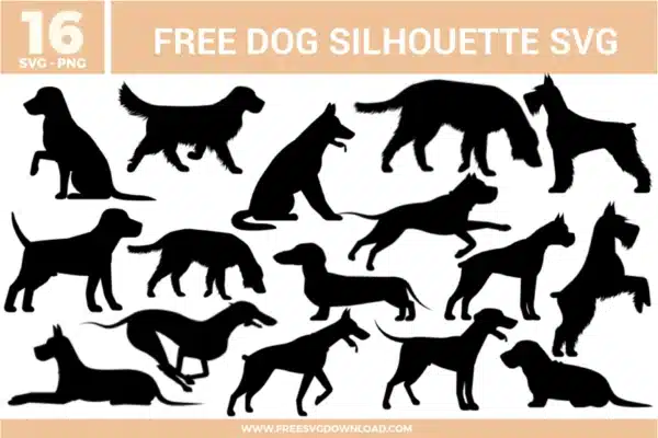 A bundle of 16 free svg files for dog silhouette designs featuring a diverse collection of breeds in various poses like sitting, running, pointing, and standing. The designs are solid black silhouettes including a Dachshund, German Shepherd, Greyhound, and Schnauzer among others. These high-quality free svg files offer clean, sharp outlines with no internal detail, making them ideal for minimalist vinyl cutting and wood-burning projects.