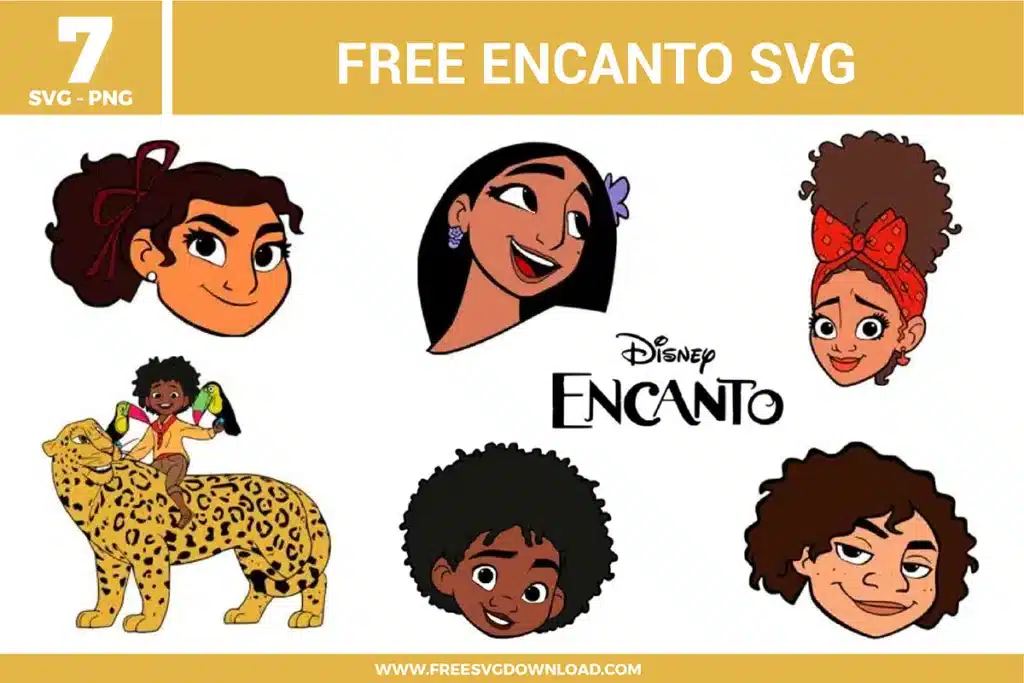 Free Encanto SVG designs showing Encanto character faces and portraits with expressive illustrations and bold outlines