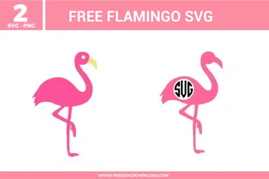 A bundle of 2 free svg files for flamingo and tropical-themed designs featuring graceful pink bird silhouettes. The set includes one solid pink flamingo in a classic standing pose with a yellow beak and another matching flamingo silhouette featuring a circular "SVG" monogram frame on its body. These designs use a vibrant bubblegum pink and soft yellow color palette, providing high-quality free svg files for summer pool parties and coastal DIY projects.