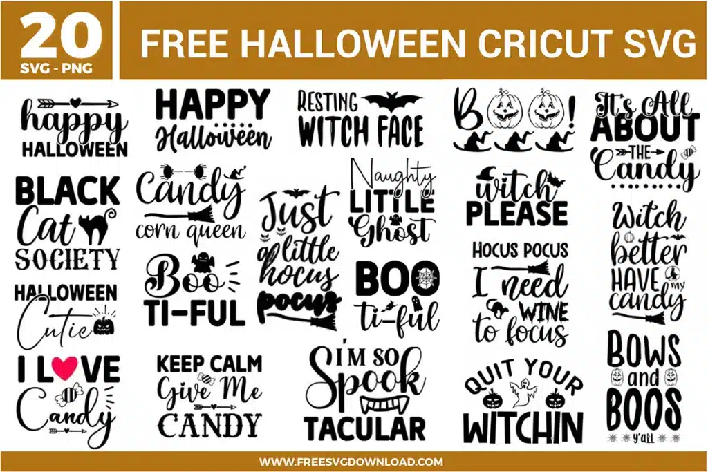 A collection of 20 Halloween Cricut free svg files featuring various spooky quotes and festive typography. The bundle includes designs such as "Resting Witch Face," "Black Cat Society," "Bows and Boos," and "I Need Wine to Focus" with high-quality icons like bats, spider webs, broomsticks, and Jack-o'-lanterns. The designs use a mix of bold sans-serif and elegant script fonts in solid black, perfect for October crafting.