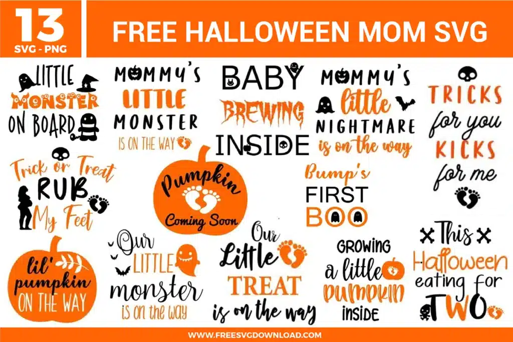 A bundle of 13 free svg files featuring Halloween pregnancy announcement designs. The graphics include orange pumpkins with baby footprints, ghost and bat accents, and witty phrases like "Baby Brewing Inside" and "Eating For Two." The style uses a mix of bold black sans-serif and decorative orange script fonts.