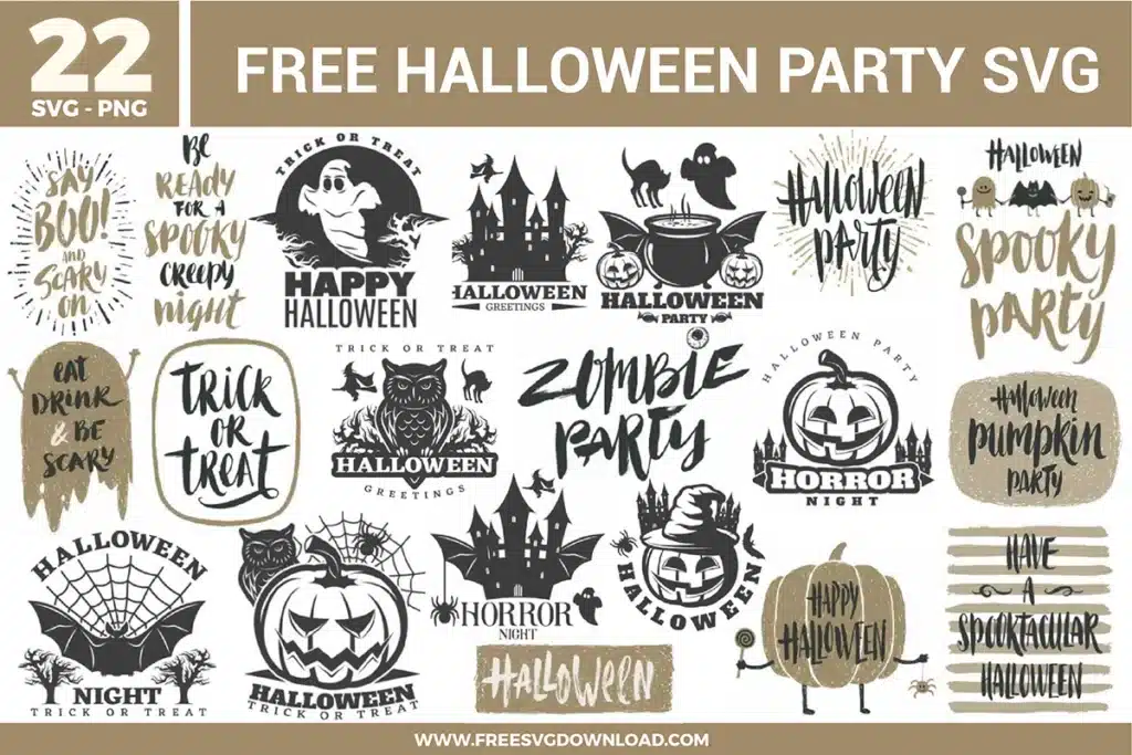 A massive bundle of 22 free svg files for Halloween party decorations featuring haunted castles, spooky owls, bubbling cauldrons, and pumpkins. The collection includes various typographic designs like "Zombie Party," "Eat Drink & Be Scary," and "Halloween Horror Night" in a sophisticated black, white, and muted gold color palette with vintage distressed textures.
