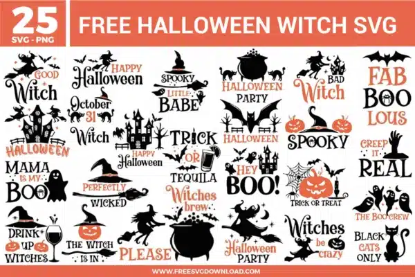 A collection of 25 free svg files featuring Halloween witch designs including silhouettes of witches flying on broomsticks, bubbling cauldrons, haunted houses, black cats, and pumpkins. The designs use a bold black and orange color palette with playful typography for phrases like "Mama Is My Boo" and "Witches Brew."