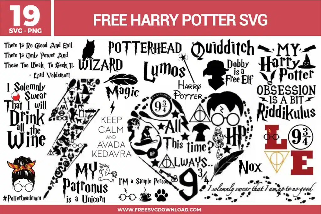 Harry Potter free svg files bundle features 19 high-quality designs including the lightning bolt scar, Deathly Hallows symbol, Platform 9 3/4 logo, and iconic quotes like "I Solemnly Swear That I Am Up To No Good." The black and white graphic elements utilize classic wizarding fonts, wand silhouettes, and owl imagery, perfect for magical DIY crafts and apparel.