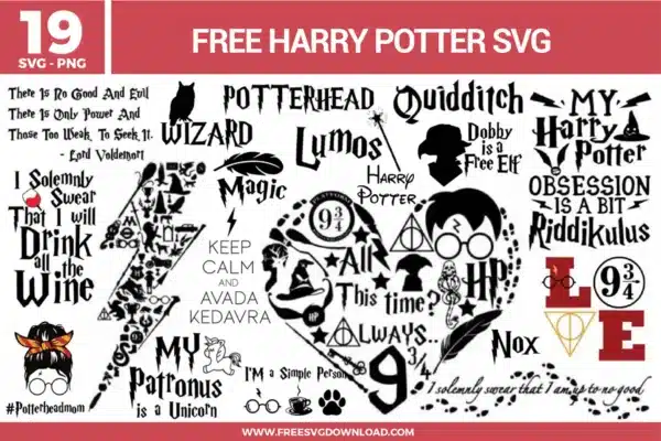 Harry Potter free svg files bundle features 19 high-quality designs including the lightning bolt scar, Deathly Hallows symbol, Platform 9 3/4 logo, and iconic quotes like "I Solemnly Swear That I Am Up To No Good." The black and white graphic elements utilize classic wizarding fonts, wand silhouettes, and owl imagery, perfect for magical DIY crafts and apparel.