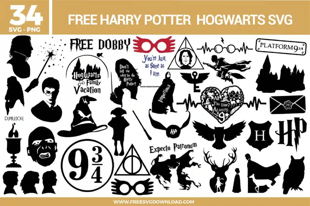 Harry Potter Hogwarts SVG bundle featuring Dobby, Platform 9 3/4, house crests, character silhouettes, and wizarding quotes available as high-quality free svg files for comprehensive fan projects.