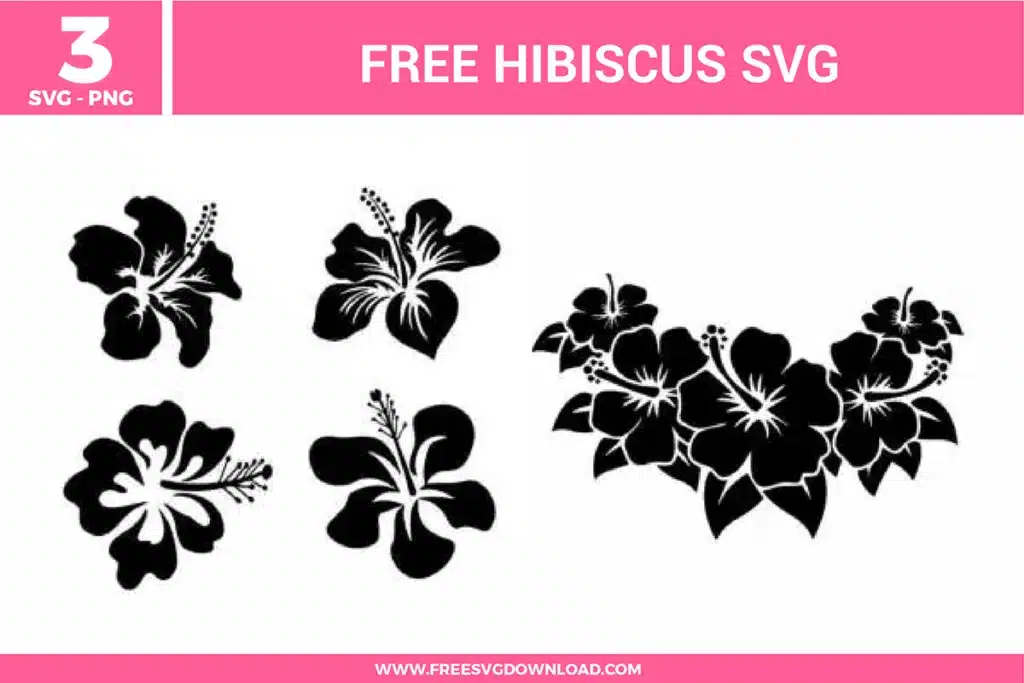Hibiscus SVG bundle featuring tropical flower silhouettes, hibiscus floral designs, and island style botanical elements for crafting and cutting projects