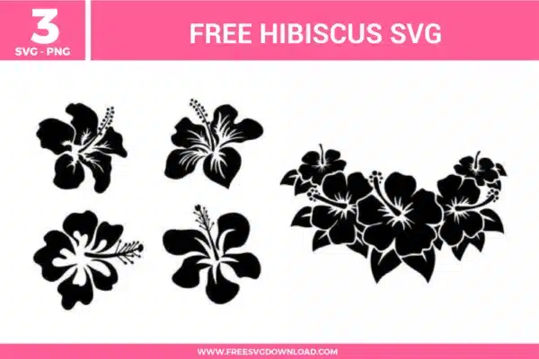 Hibiscus SVG bundle featuring tropical flower silhouettes, hibiscus floral designs, and island style botanical elements for crafting and cutting projects