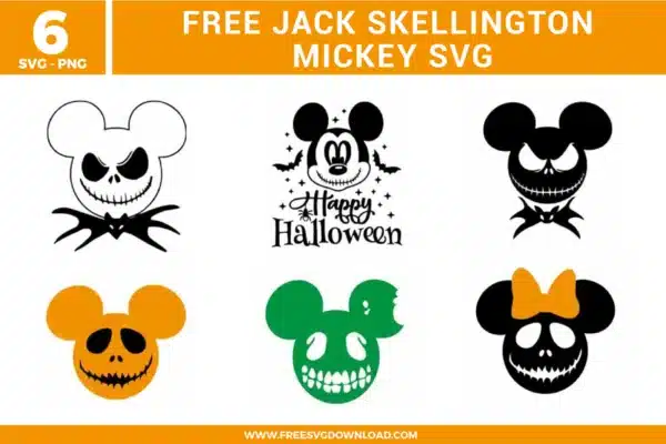 Free Jack Skellington Mickey SVG designs showing Halloween themed Mickey silhouettes with skull faces, stitched smiles, bats, bows, and spooky character inspired details