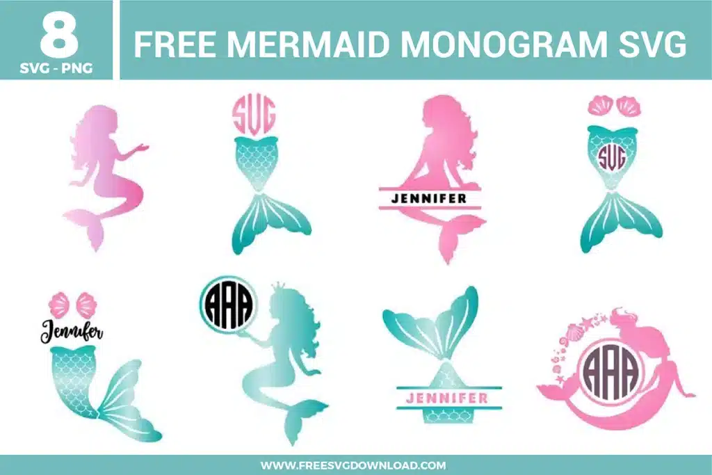 Eight designs from the Mermaid Monogram SVG bundle in pink and teal, provided as free svg files for personalized gifts.