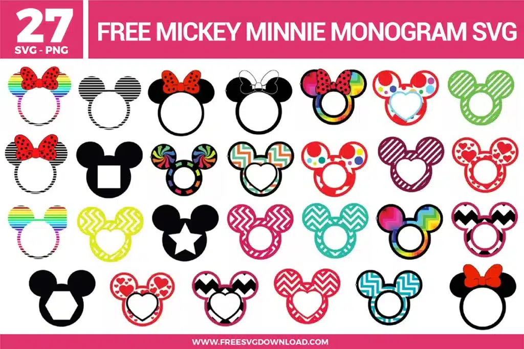 Free Mickey and Minnie monogram SVG designs showing circular frames, heart centers, bows, patterned outlines, and classic character inspired silhouettes