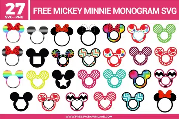 Free Mickey and Minnie monogram SVG designs showing circular frames, heart centers, bows, patterned outlines, and classic character inspired silhouettes