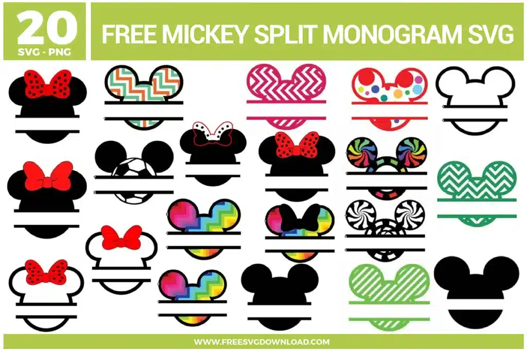 Free Mickey split monogram SVG designs showing Mickey and Minnie silhouettes with split lines, bows, and colorful patterned fills