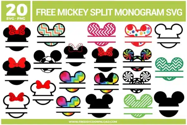Free Mickey split monogram SVG designs showing Mickey and Minnie silhouettes with split lines, bows, and colorful patterned fills