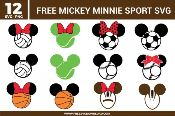 Free Mickey and Minnie sport SVG designs showing Mickey and Minnie head silhouettes combined with soccer, basketball, baseball, tennis, volleyball, and football elements