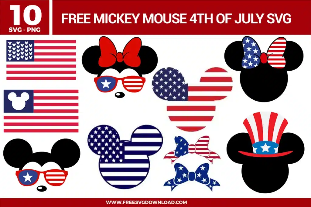 Mickey Mouse Fourth of July SVG designs featuring patriotic red, white, and blue Mickey and Minnie head silhouettes, bows, sunglasses, hats, and American flag themed elements