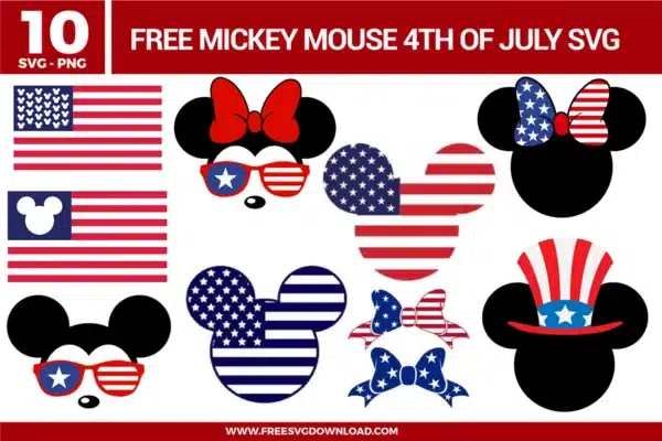 Mickey Mouse Fourth of July SVG designs featuring patriotic red, white, and blue Mickey and Minnie head silhouettes, bows, sunglasses, hats, and American flag themed elements
