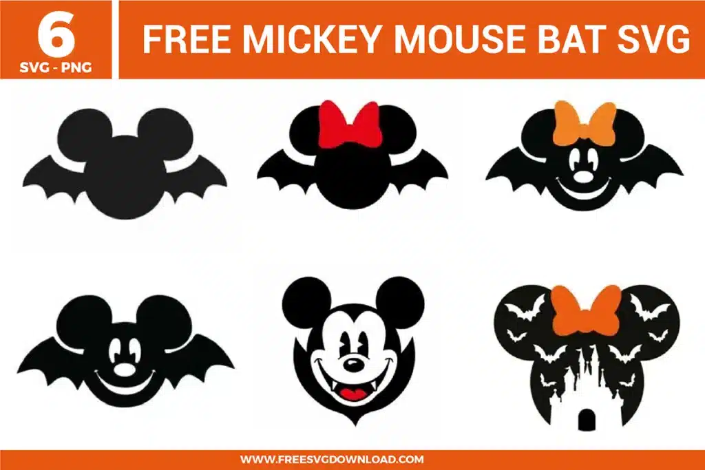 Free Mickey Mouse bat SVG designs showing Halloween themed Mickey silhouettes with bat wings, bows, smiling faces, spooky castle shapes, and dark seasonal details