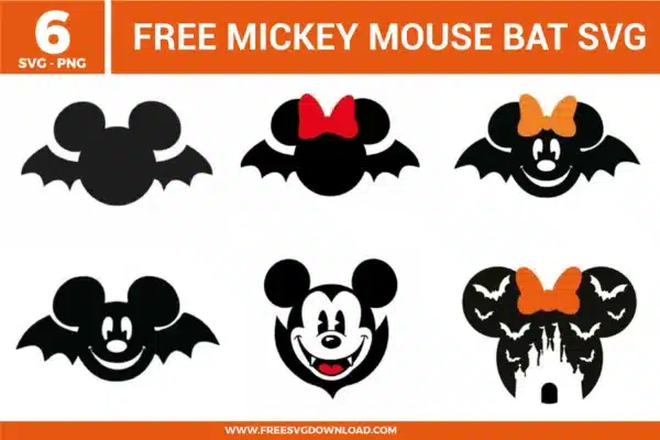 Free Mickey Mouse bat SVG designs showing Halloween themed Mickey silhouettes with bat wings, bows, smiling faces, spooky castle shapes, and dark seasonal details