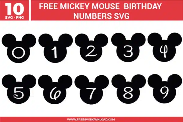 Free Mickey Mouse birthday numbers SVG showing numbers zero through nine inside black Mickey head silhouettes arranged in a clean grid layout