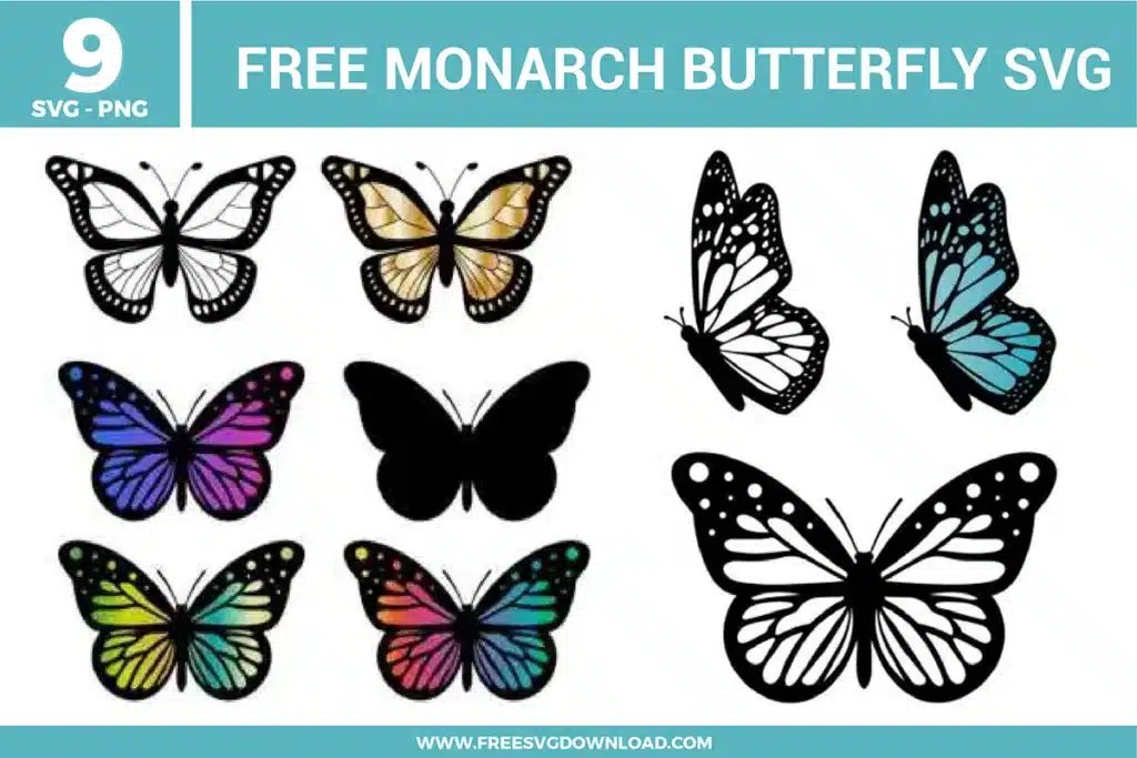 A bundle of 9 free svg files for monarch butterfly designs featuring various wing patterns and perspectives. The collection includes detailed line-art outlines, a solid black silhouette, and several butterflies with vibrant gradient color fills in shades of orange, purple, teal, and rainbow. These designs showcase the iconic monarch wing structure with white spots along the edges and segmented interior cells, offering both symmetrical top-down views and side-profile angles for high-quality free svg files.